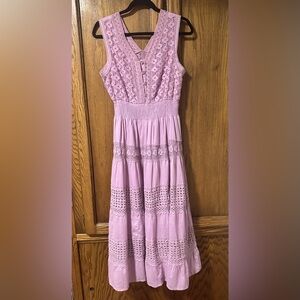 NAOO Nation AK Outfits Lilac Boho Midi Cotton Dress Crochet Lace Tiered Sz SP